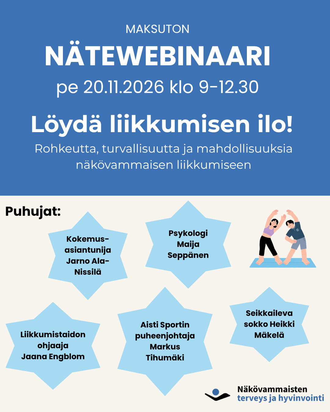 Webinaarijuliste, jossa puhujat sekä tietoa webinaarin ajankohdasta ja teemasta.